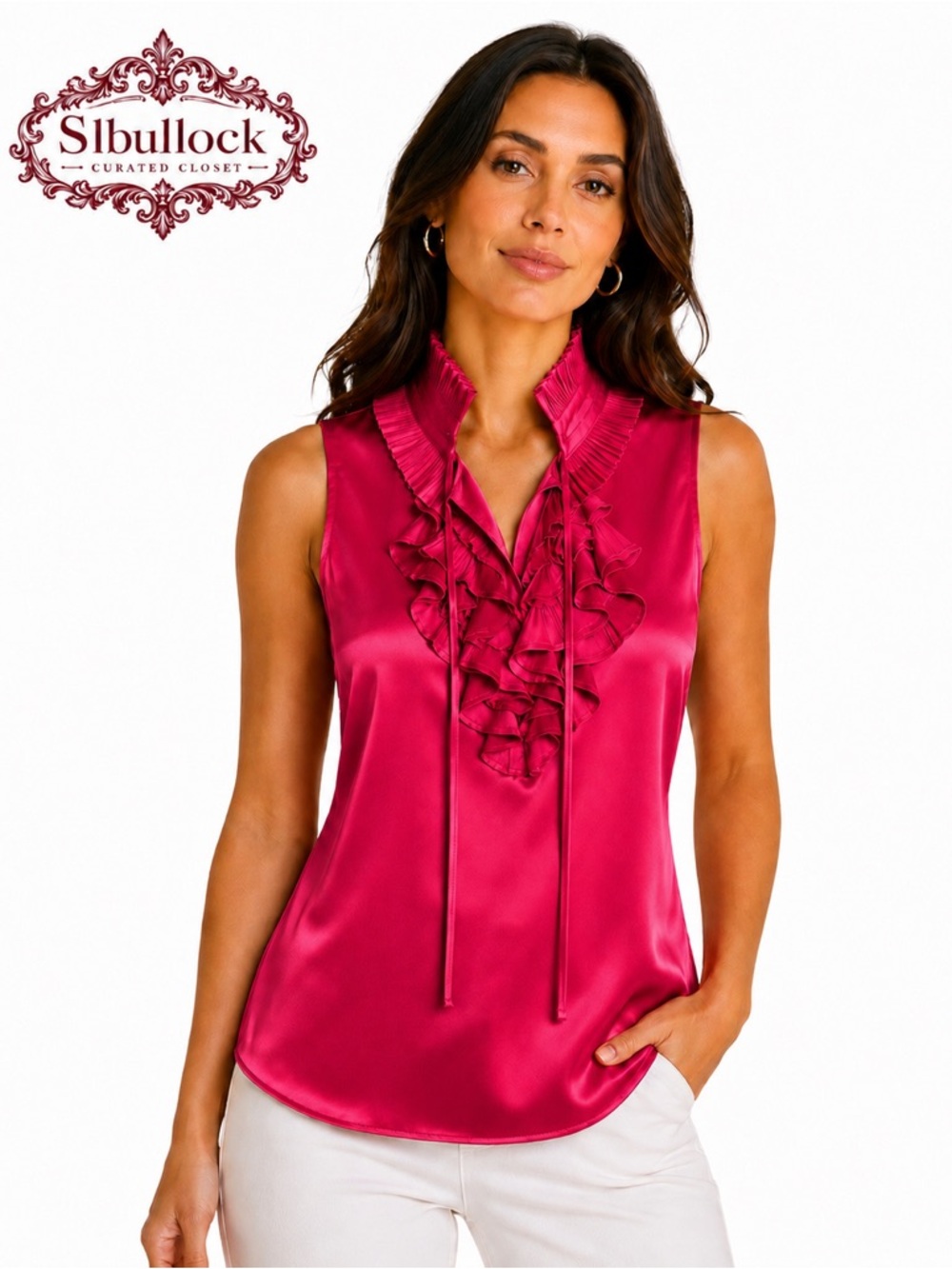 AGORA Fuchsia Satin Ruffle Blouse Medium High Neck Sleeveless Career Party Top